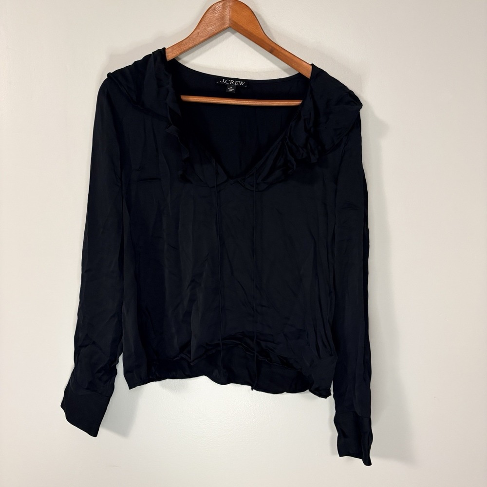 J. Crew Goldie Sz M Black Satin Ruffle Neck Long-Sleeve Blouse